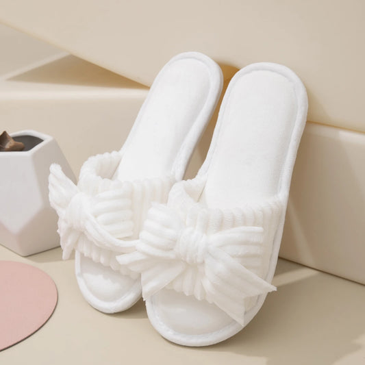 Plush Bow Decor Memory Foam Open Toe Slippers - Fluffy Womens House Shoes - ZOOMNSTORE