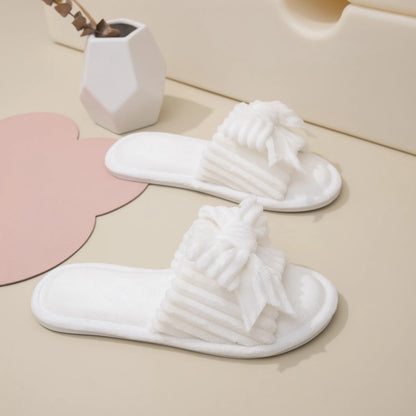 Plush Bow Decor Memory Foam Open Toe Slippers - Fluffy Womens House Shoes - ZOOMNSTORE