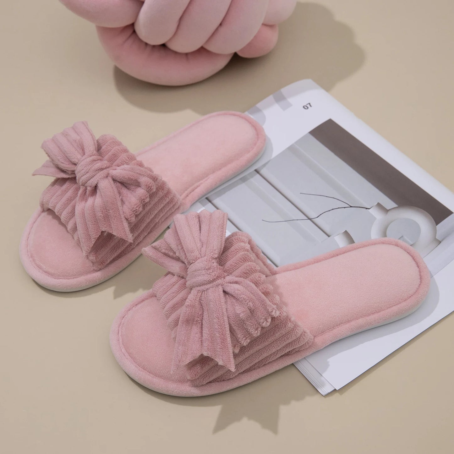 Plush Bow Decor Memory Foam Open Toe Slippers - Fluffy Womens House Shoes - ZOOMNSTORE