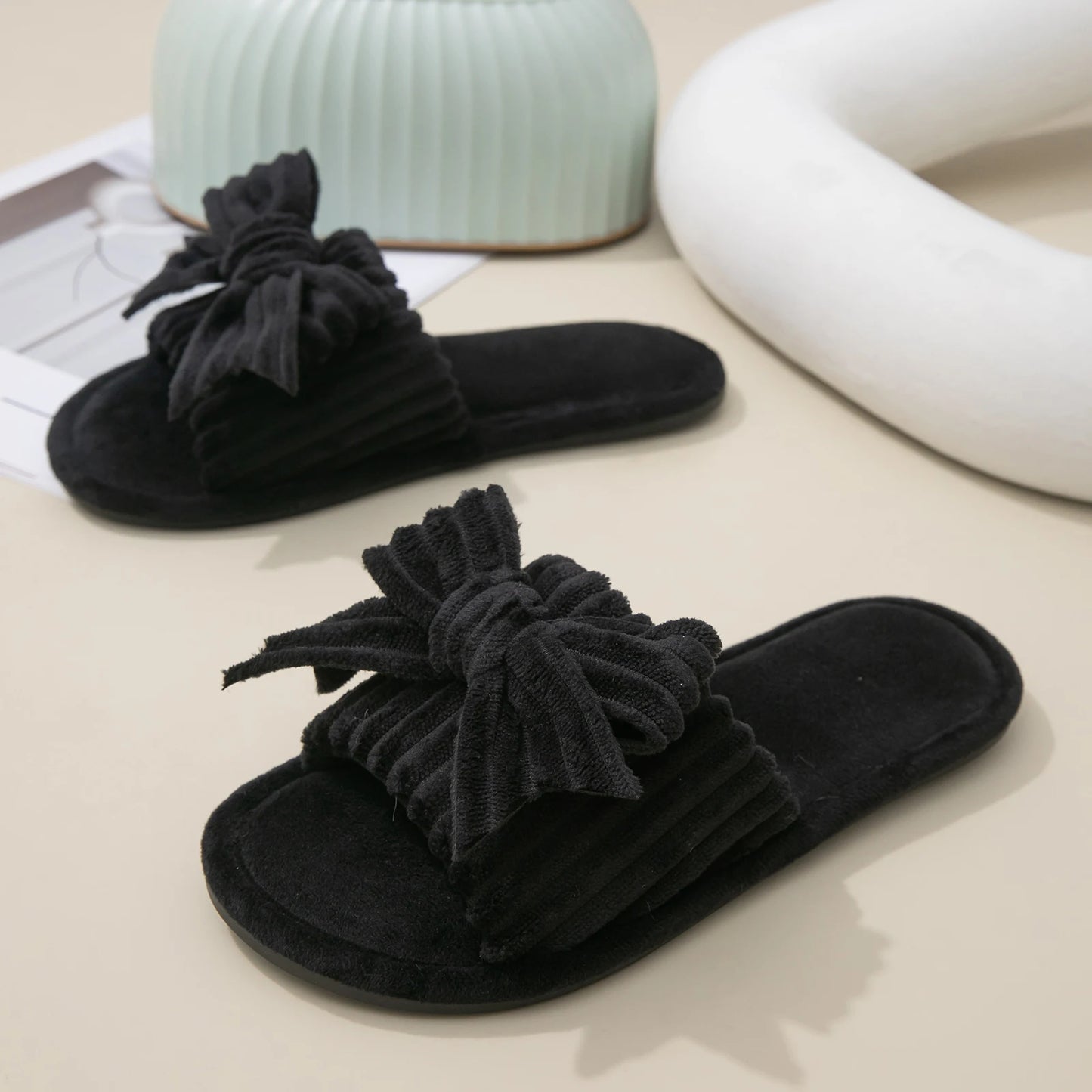 Plush Bow Decor Memory Foam Open Toe Slippers - Fluffy Womens House Shoes - ZOOMNSTORE