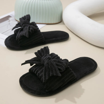 Plush Bow Decor Memory Foam Open Toe Slippers - Fluffy Womens House Shoes - ZOOMNSTORE