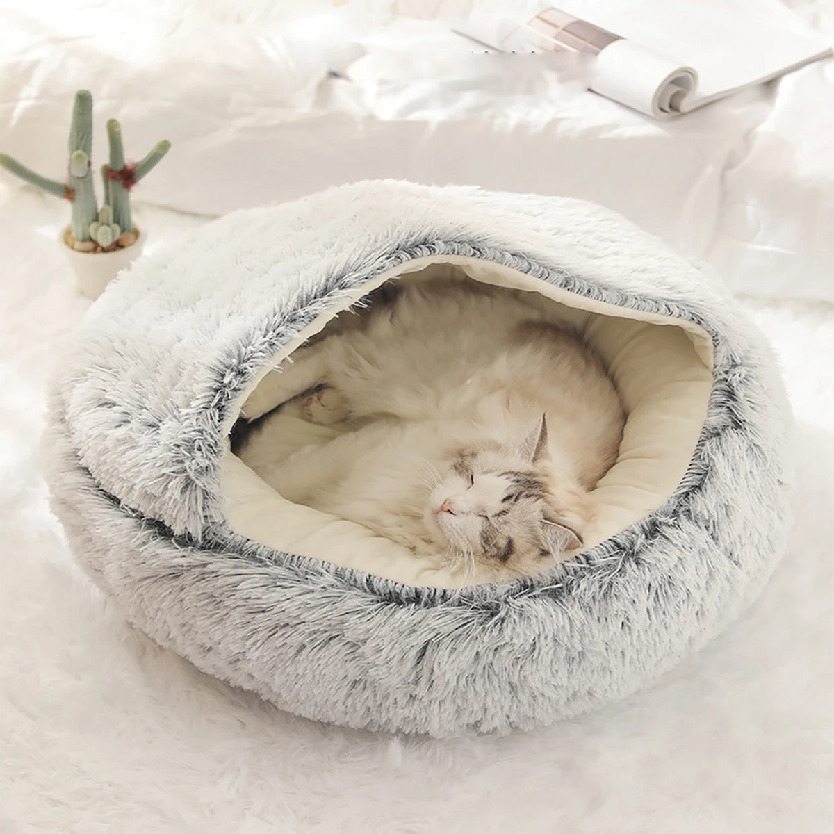 Plush Hooded Pet Bed – 2 in 1 Round Cat Bed With Soft Cushion & Warm Nest - ZOOMNSTORE