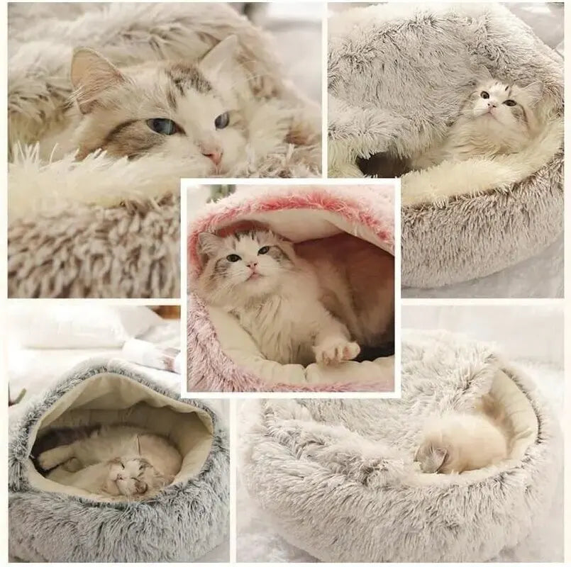 Plush Hooded Pet Bed – 2 in 1 Round Cat Bed With Soft Cushion & Warm Nest - ZOOMNSTORE