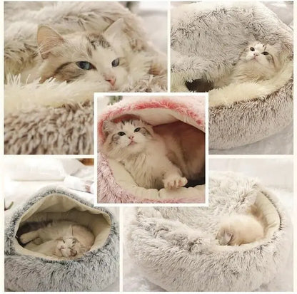 Plush Hooded Pet Bed – 2 in 1 Round Cat Bed With Soft Cushion & Warm Nest - ZOOMNSTORE