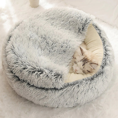 Plush Hooded Pet Bed – 2 in 1 Round Cat Bed With Soft Cushion & Warm Nest - ZOOMNSTORE