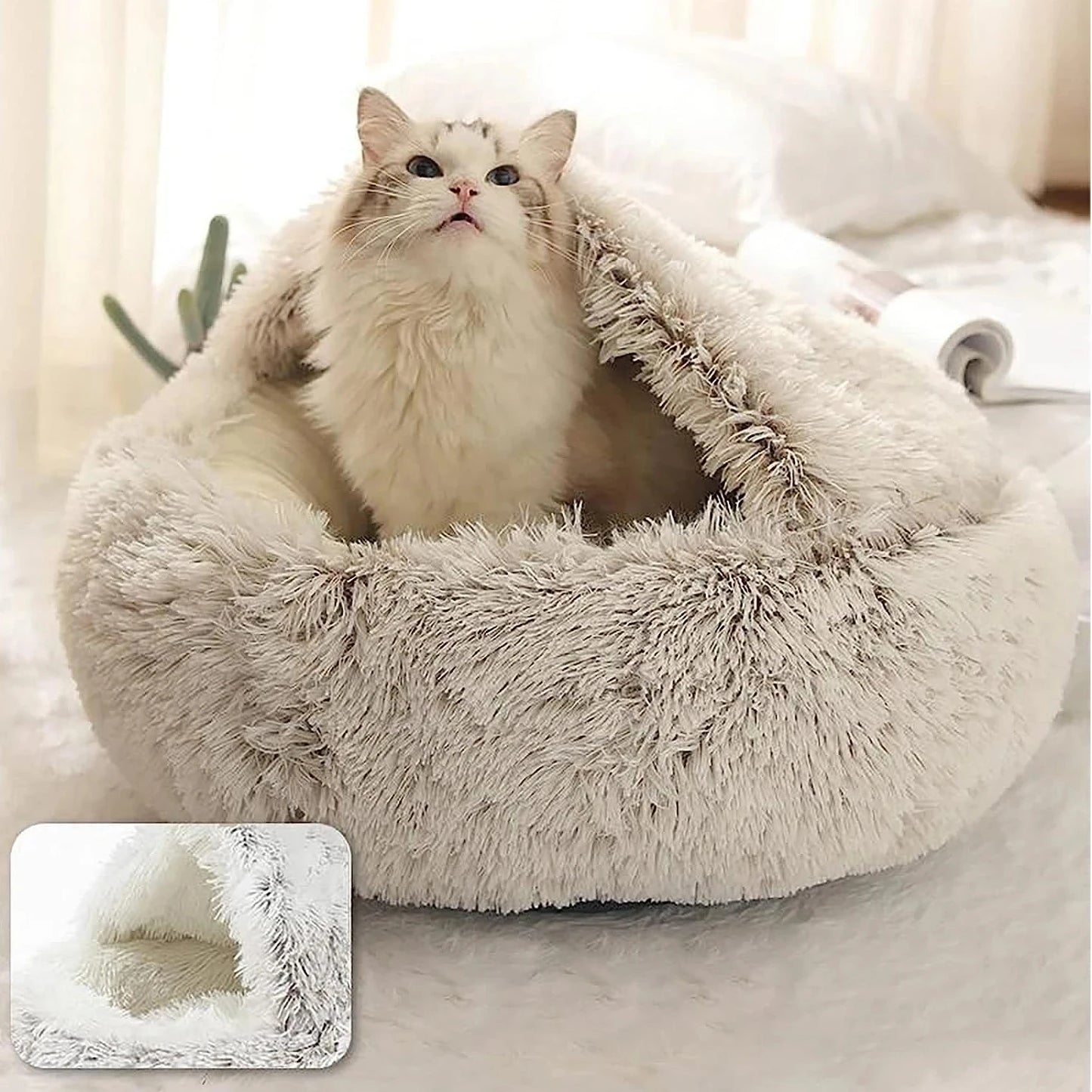 Plush Hooded Pet Bed – 2 in 1 Round Cat Bed With Soft Cushion & Warm Nest - ZOOMNSTORE