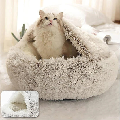 Plush Hooded Pet Bed – 2 in 1 Round Cat Bed With Soft Cushion & Warm Nest - ZOOMNSTORE
