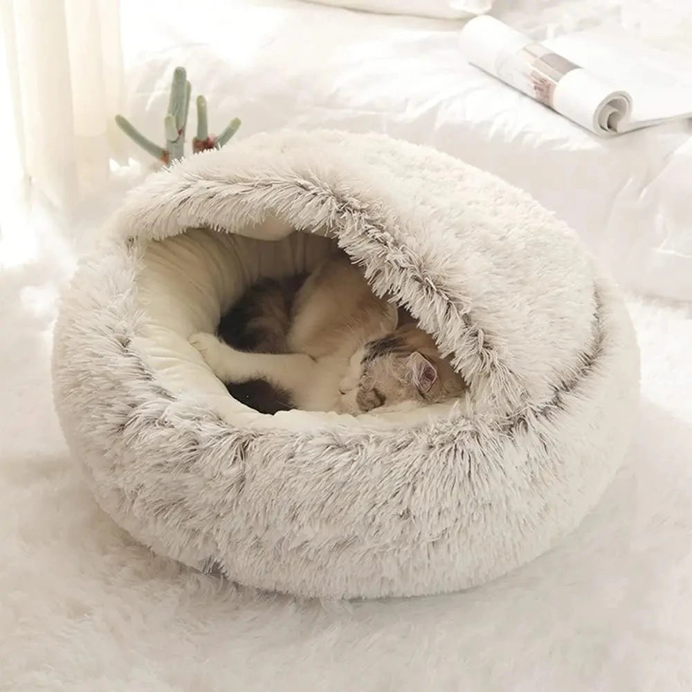 Plush Hooded Pet Bed – 2 in 1 Round Cat Bed With Soft Cushion & Warm Nest - ZOOMNSTORE