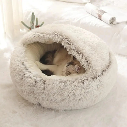 Plush Hooded Pet Bed – 2 in 1 Round Cat Bed With Soft Cushion & Warm Nest - ZOOMNSTORE