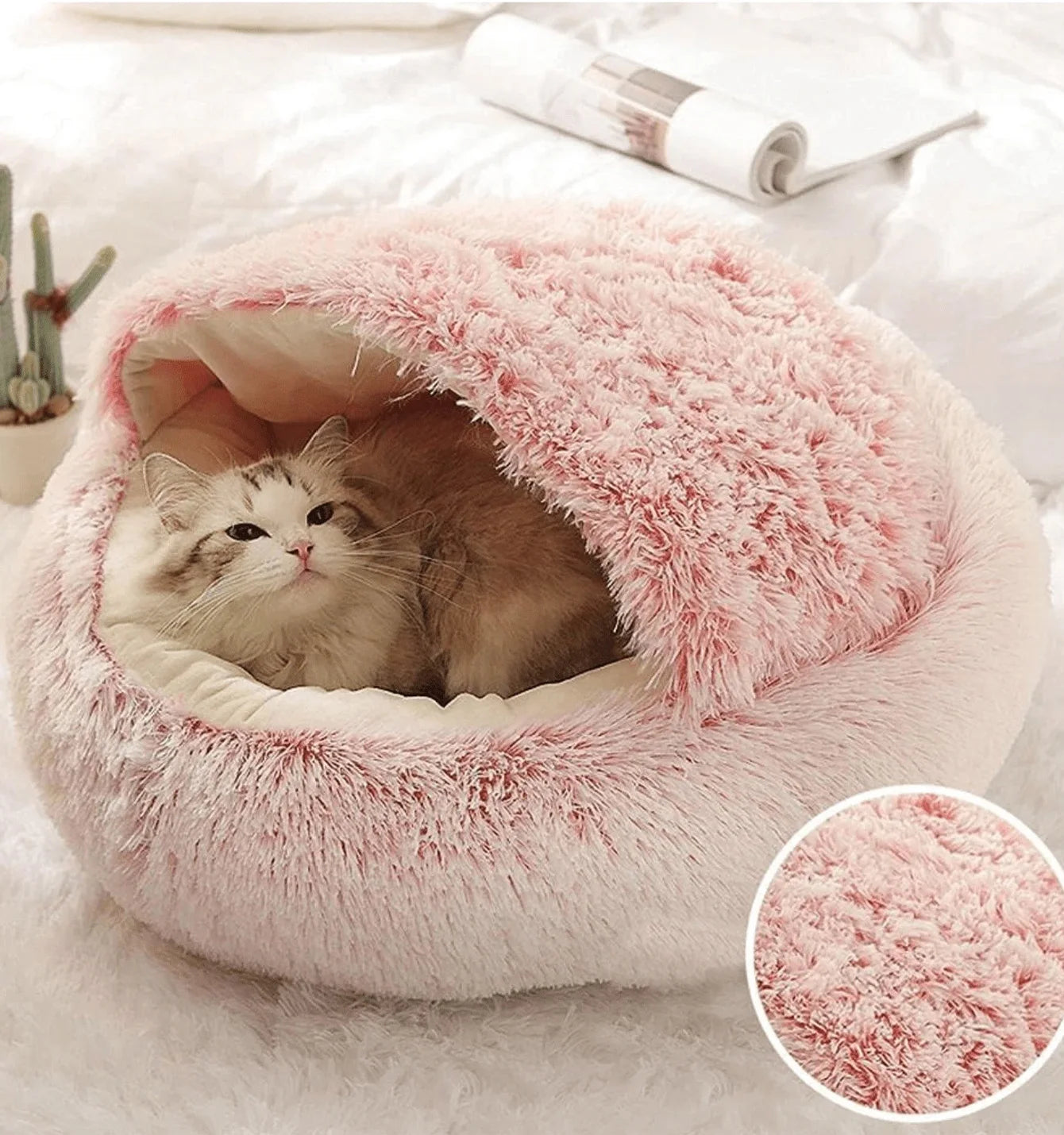 Plush Hooded Pet Bed – 2 in 1 Round Cat Bed With Soft Cushion & Warm Nest - ZOOMNSTORE