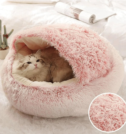 Plush Hooded Pet Bed – 2 in 1 Round Cat Bed With Soft Cushion & Warm Nest - ZOOMNSTORE