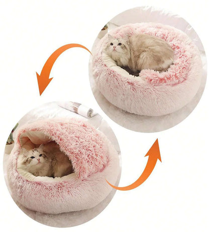 Plush Hooded Pet Bed – 2 in 1 Round Cat Bed With Soft Cushion & Warm Nest - ZOOMNSTORE