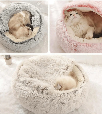 Plush Hooded Pet Bed – 2 in 1 Round Cat Bed With Soft Cushion & Warm Nest - ZOOMNSTORE