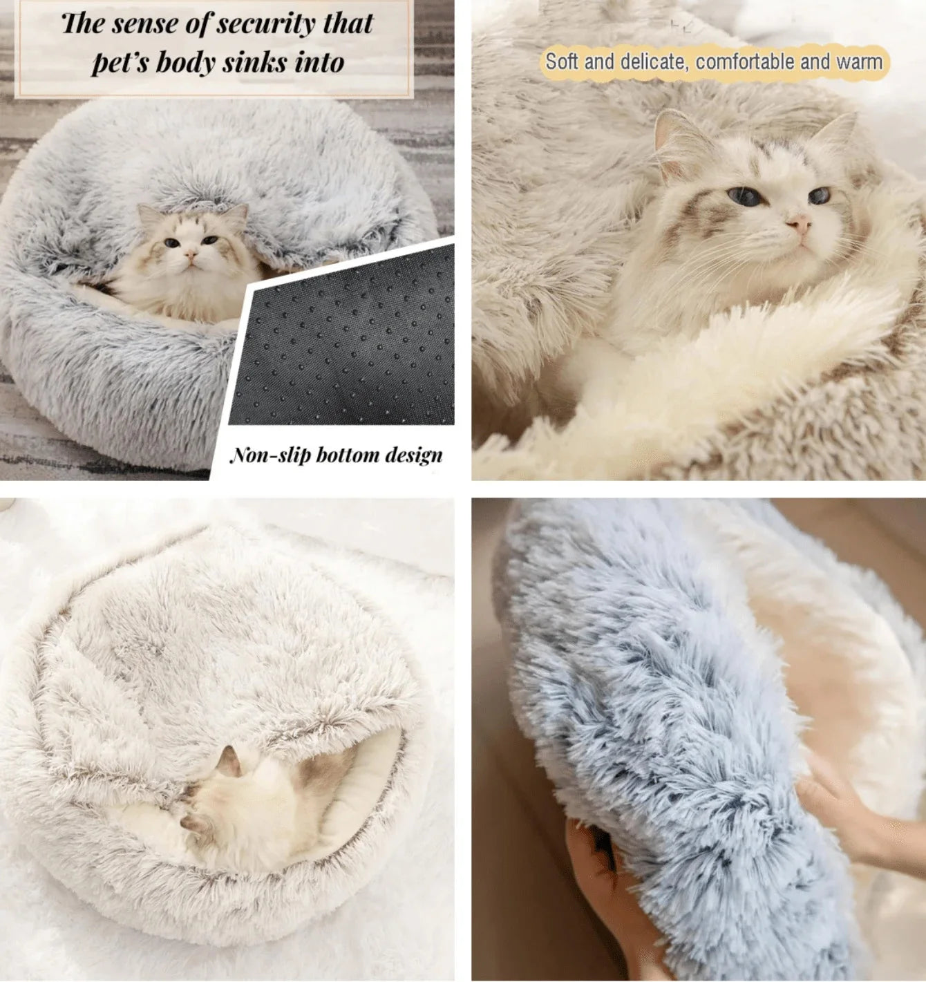 Plush Hooded Pet Bed – 2 in 1 Round Cat Bed With Soft Cushion & Warm Nest - ZOOMNSTORE