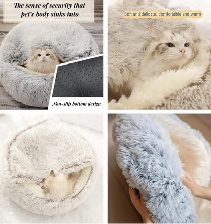 Plush Hooded Pet Bed – 2 in 1 Round Cat Bed With Soft Cushion & Warm Nest - ZOOMNSTORE