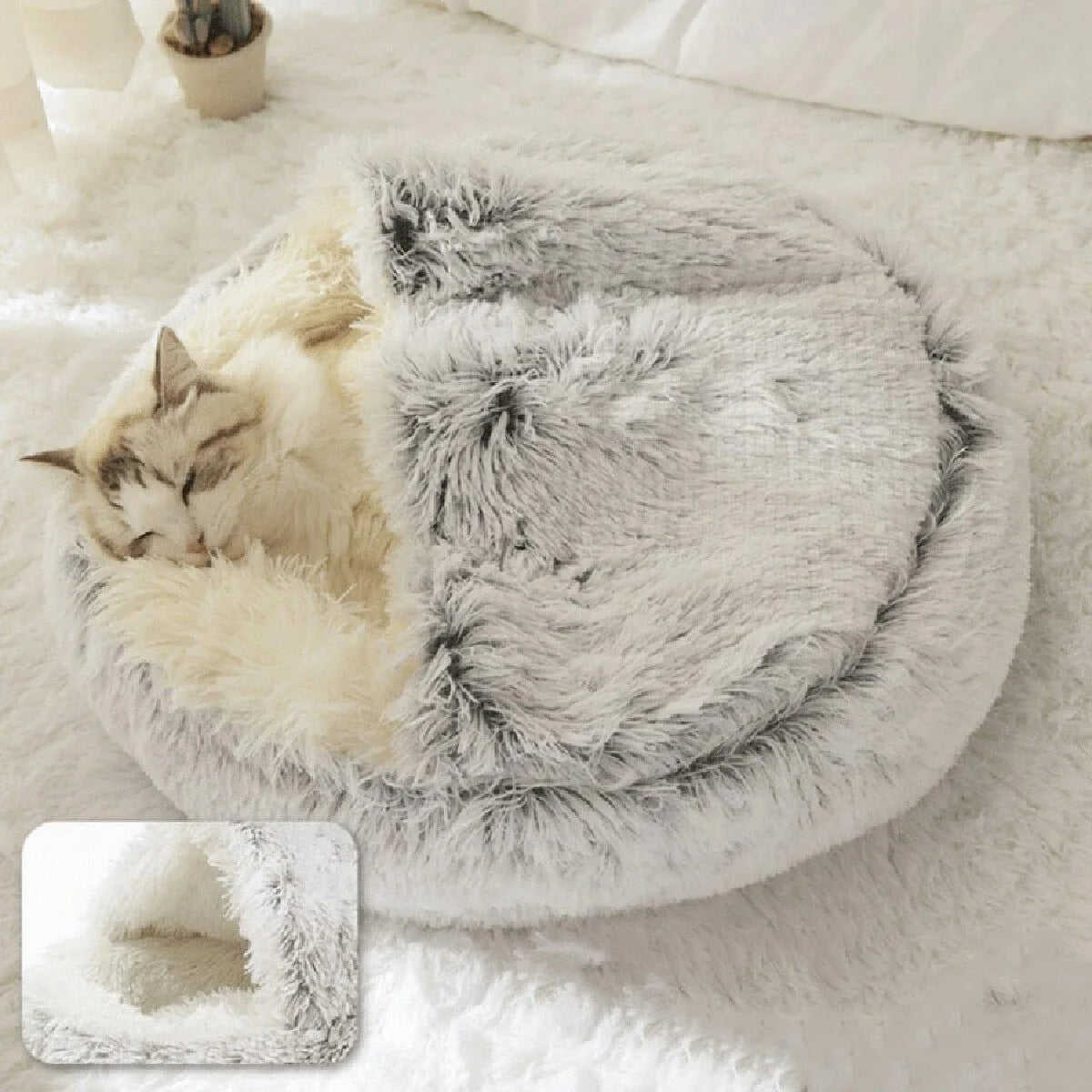Plush Hooded Pet Bed – 2 in 1 Round Cat Bed With Soft Cushion & Warm Nest - ZOOMNSTORE