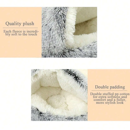 Plush Hooded Pet Bed – 2 in 1 Round Cat Bed With Soft Cushion & Warm Nest - ZOOMNSTORE