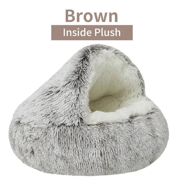 Plush Hooded Pet Bed – 2 in 1 Round Cat Bed With Soft Cushion & Warm Nest - ZOOMNSTORE
