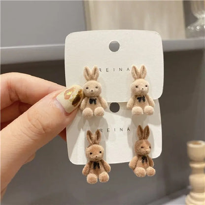 Plush Rabbit Stud Earrings - Cute Kawaii Animal Acrylic Brown Khaki Studs - ZOOMNSTORE