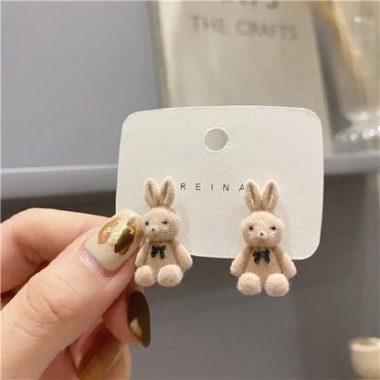 Plush Rabbit Stud Earrings - Cute Kawaii Animal Acrylic Brown Khaki Studs - ZOOMNSTORE