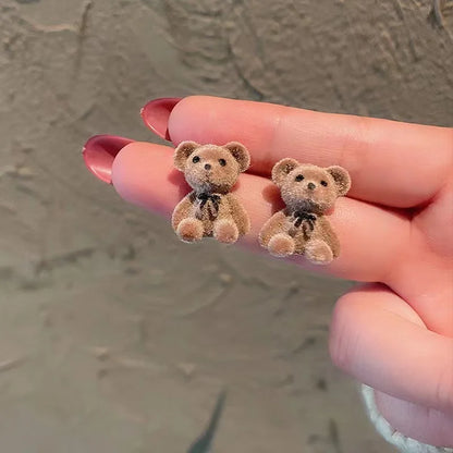 Plush Rabbit Stud Earrings - Cute Kawaii Animal Acrylic Brown Khaki Studs - ZOOMNSTORE