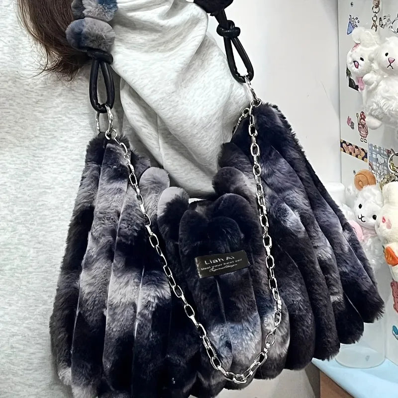 Plush Tote Bag - Large Soft Striped Shoulder Handbag With Zipper Closure - ZOOMNSTORE