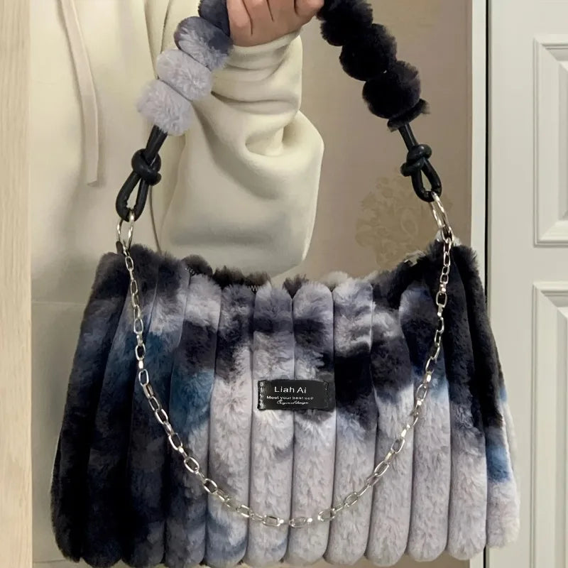 Plush Tote Bag - Large Soft Striped Shoulder Handbag With Zipper Closure - ZOOMNSTORE