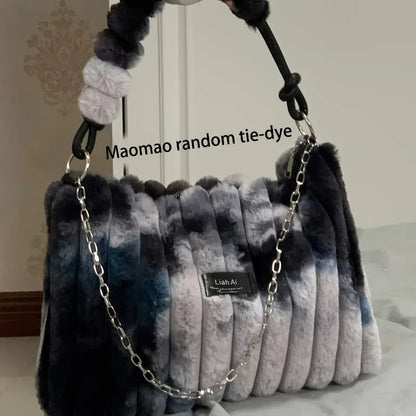 Plush Tote Bag - Large Soft Striped Shoulder Handbag With Zipper Closure - ZOOMNSTORE