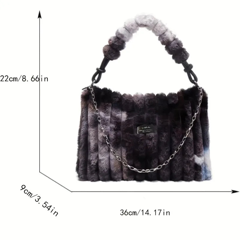 Plush Tote Bag - Large Soft Striped Shoulder Handbag With Zipper Closure - ZOOMNSTORE