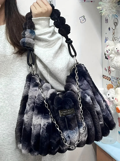 Plush Tote Bag - Large Soft Striped Shoulder Handbag With Zipper Closure - ZOOMNSTORE