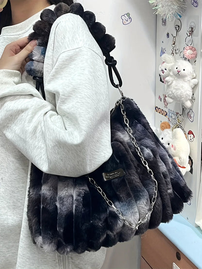 Plush Tote Bag - Large Soft Striped Shoulder Handbag With Zipper Closure - ZOOMNSTORE