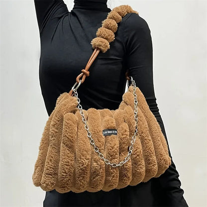 Plush Tote Bag - Large Soft Striped Shoulder Handbag With Zipper Closure - ZOOMNSTORE
