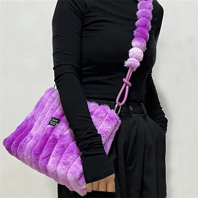 Plush Tote Bag - Large Soft Striped Shoulder Handbag With Zipper Closure - ZOOMNSTORE
