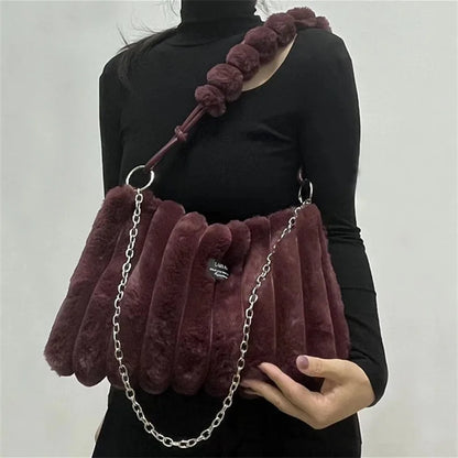 Plush Tote Bag - Large Soft Striped Shoulder Handbag With Zipper Closure - ZOOMNSTORE