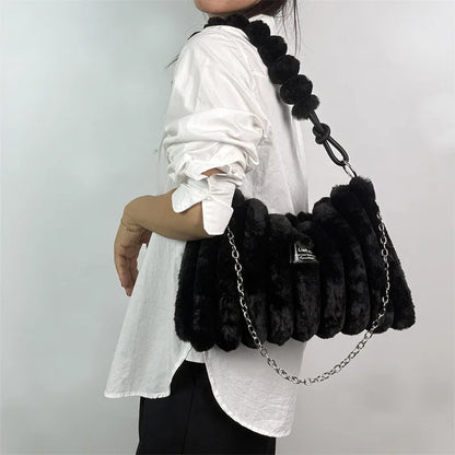 Plush Tote Bag - Large Soft Striped Shoulder Handbag With Zipper Closure - ZOOMNSTORE
