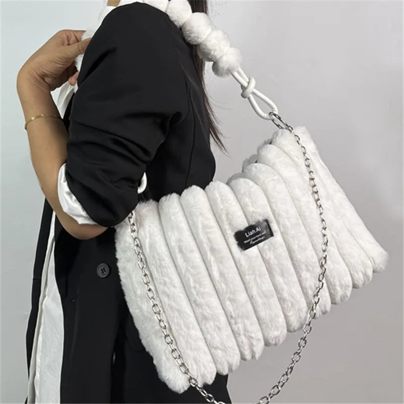 Plush Tote Bag - Large Soft Striped Shoulder Handbag With Zipper Closure - ZOOMNSTORE