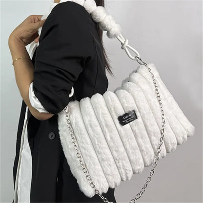 Plush Tote Bag - Large Soft Striped Shoulder Handbag With Zipper Closure - ZOOMNSTORE