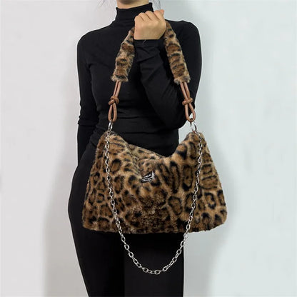 Plush Tote Bag - Large Soft Striped Shoulder Handbag With Zipper Closure - ZOOMNSTORE