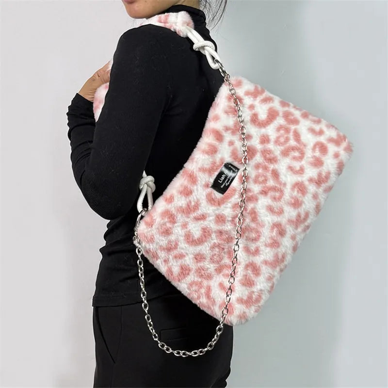 Plush Tote Bag - Large Soft Striped Shoulder Handbag With Zipper Closure - ZOOMNSTORE