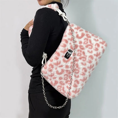 Plush Tote Bag - Large Soft Striped Shoulder Handbag With Zipper Closure - ZOOMNSTORE