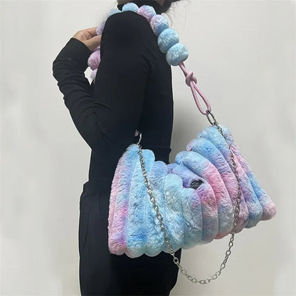 Plush Tote Bag - Large Soft Striped Shoulder Handbag With Zipper Closure - ZOOMNSTORE