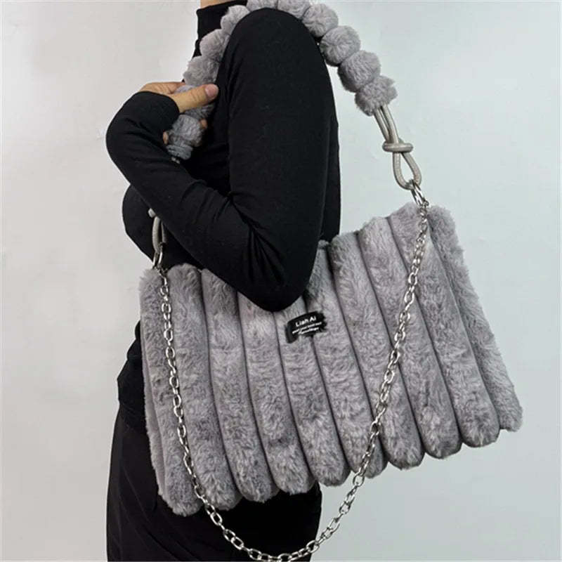 Plush Tote Bag - Large Soft Striped Shoulder Handbag With Zipper Closure - ZOOMNSTORE