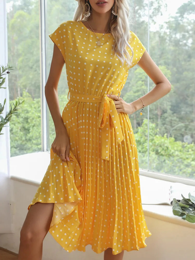 Polka Dot A-Line Summer Dress - Cap Sleeve Knee Length Office Dress - ZOOMNSTORE