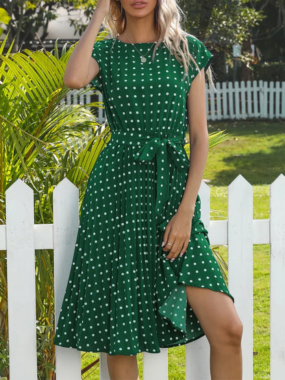 Polka Dot A-Line Summer Dress - Cap Sleeve Knee Length Office Dress - ZOOMNSTORE