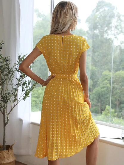 Polka Dot A-Line Summer Dress - Cap Sleeve Knee Length Office Dress - ZOOMNSTORE