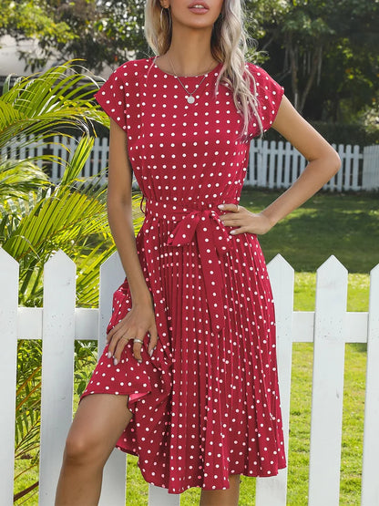 Polka Dot A-Line Summer Dress - Cap Sleeve Knee Length Office Dress - ZOOMNSTORE