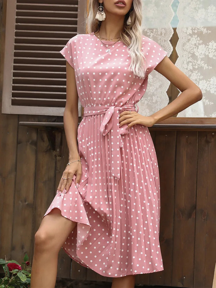 Polka Dot A-Line Summer Dress - Cap Sleeve Knee Length Office Dress - ZOOMNSTORE