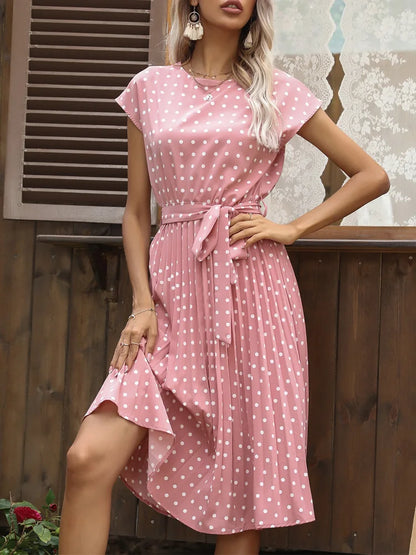 Polka Dot A-Line Summer Dress - Cap Sleeve Knee Length Office Dress - ZOOMNSTORE