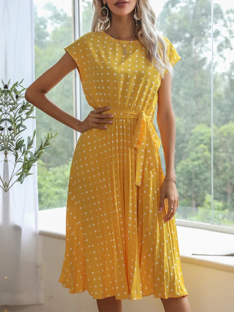 Polka Dot A-Line Summer Dress - Cap Sleeve Knee Length Office Dress - ZOOMNSTORE