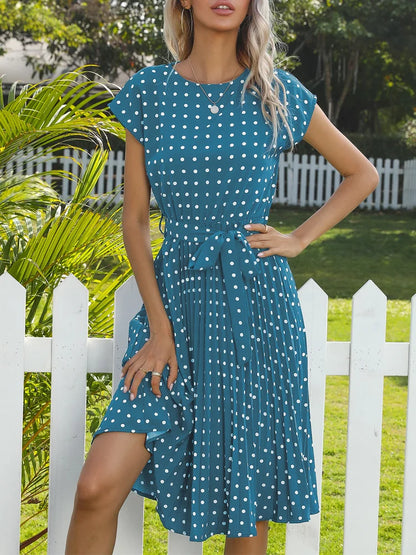 Polka Dot A-Line Summer Dress - Cap Sleeve Knee Length Office Dress - ZOOMNSTORE